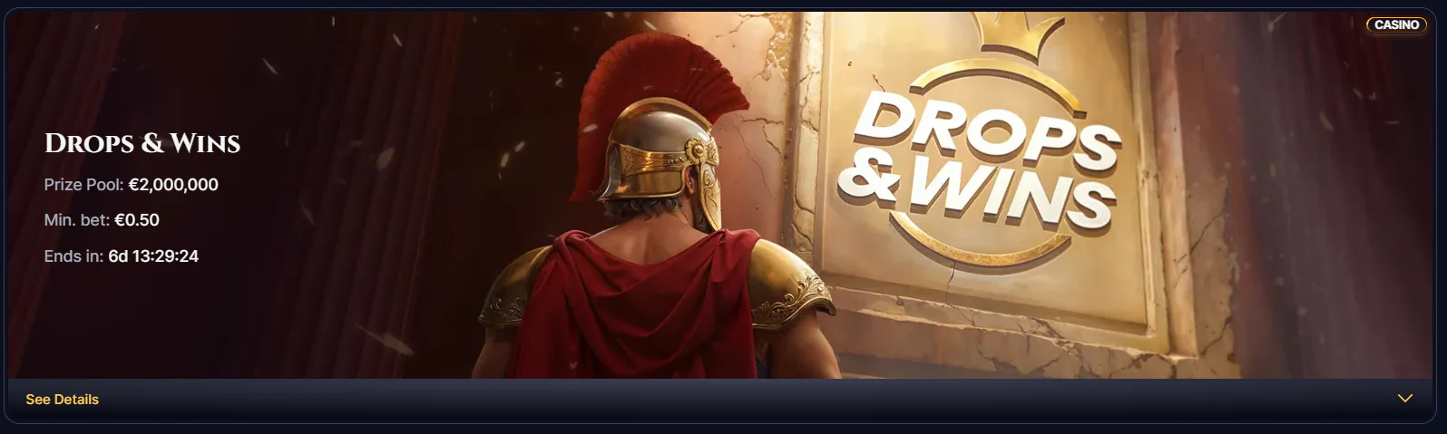 Cazeus Casino Drops & Wins promotion with €2,000,000 prize pool and €0.50 minimum bet