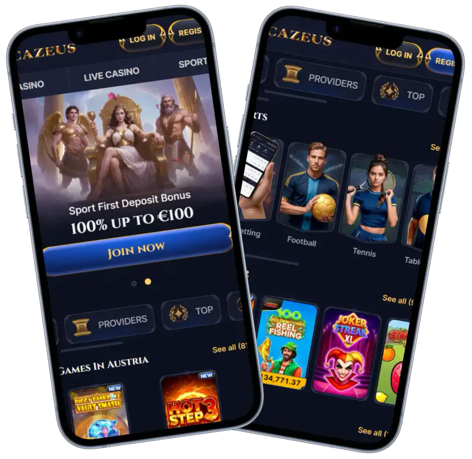 Cazeus Casino mobile version showing sports welcome bonus, football and tennis betting, slot games and casino navigation