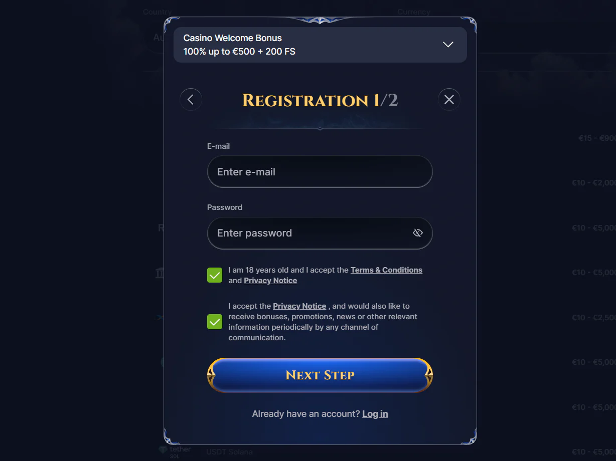 Cazeus Casino registration form with email, password, age confirmation and €500 welcome bonus with 200 free spins