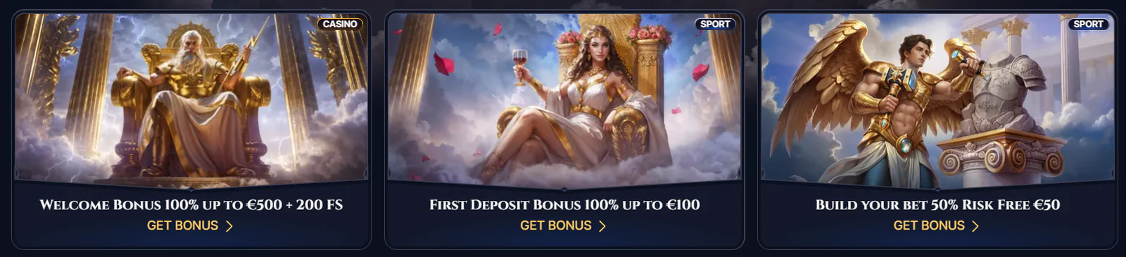 Cazeus Casino welcome bonus €500 with 200 free spins, sports deposit bonus €100 and Build Your Bet €50 risk-free offer